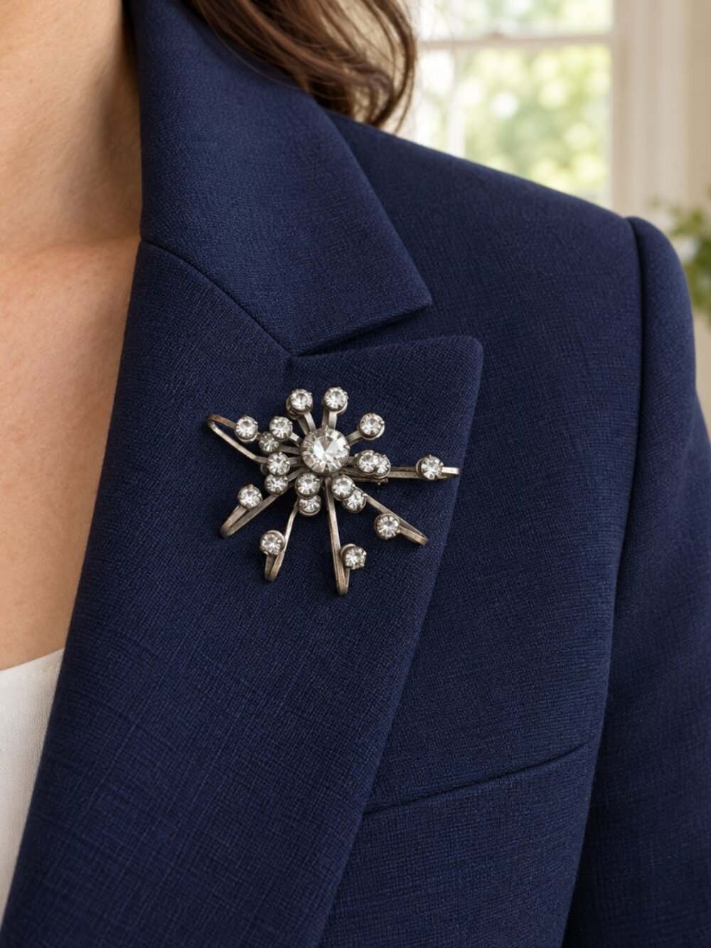 Vintage Bugbee & Niles Atomic Starburst Rhinestone Brooch Silver Tone 1950s